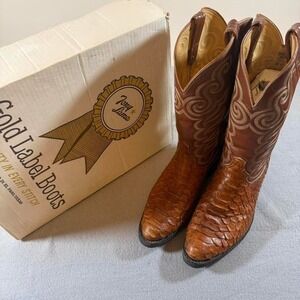 Vintage 80's Tony Lama Peanut Butter Boa Snakeskin Cowboy Boots Western 13D